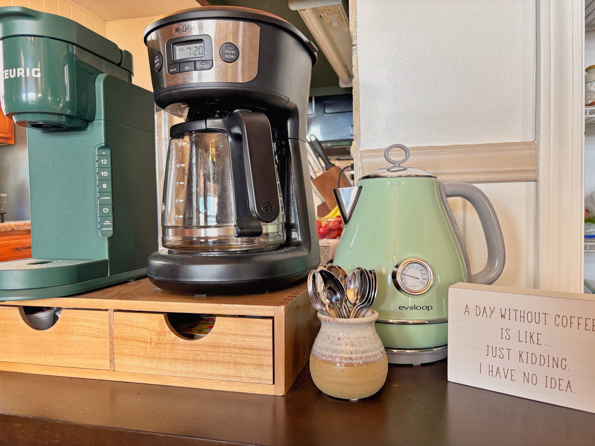 Coffee station with Keurig, drip maker, and electric kettle