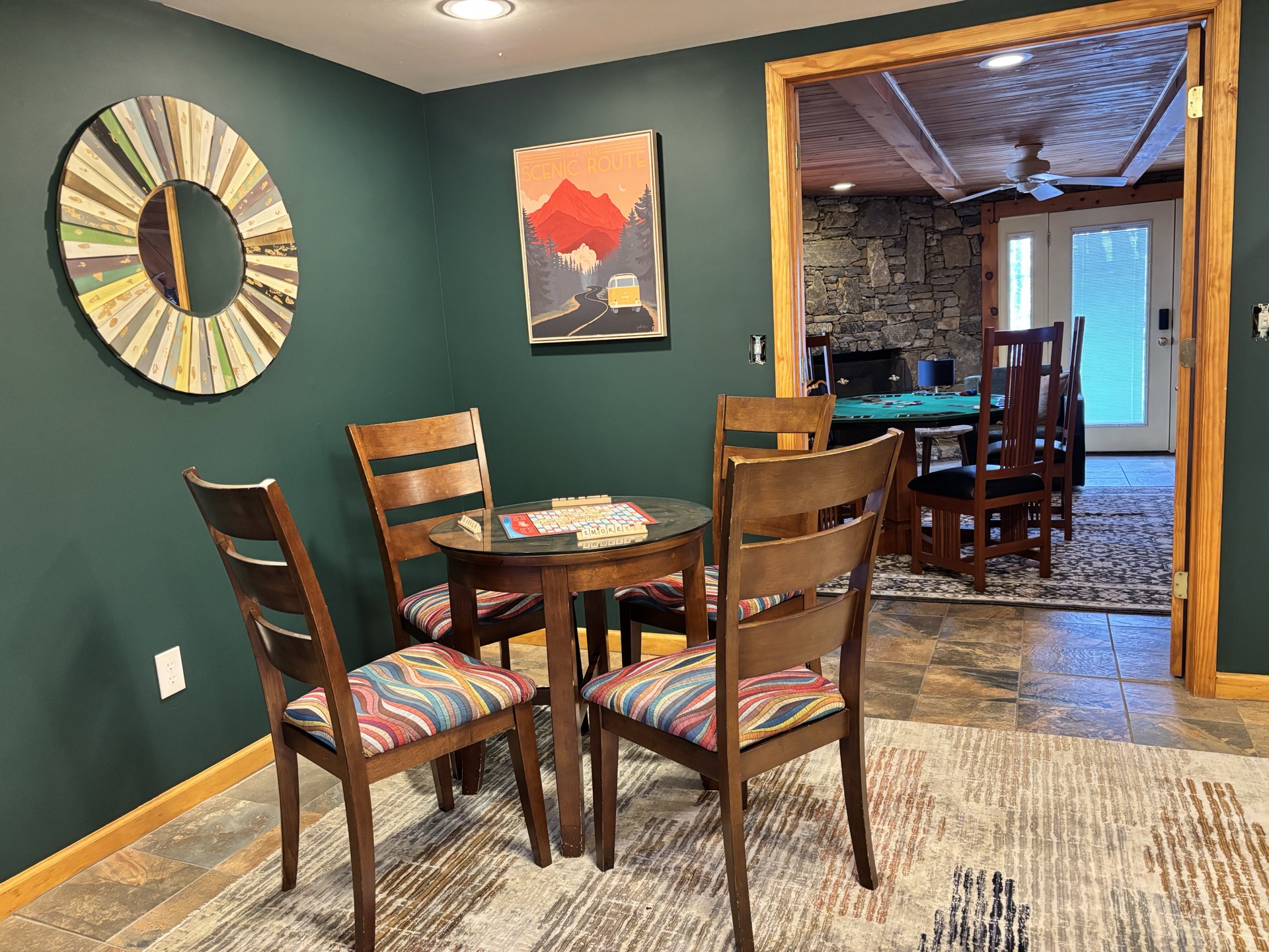 Game room table looking into the basement pub